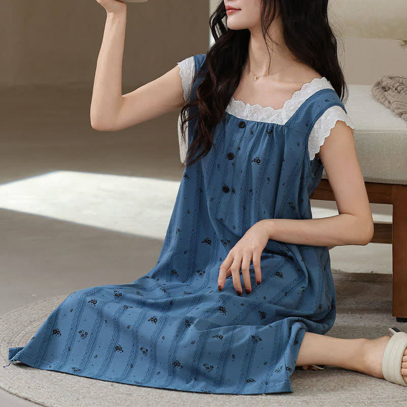 Chemise de nuit sans manches en dentelle de coton rayée et fleurie - image 4