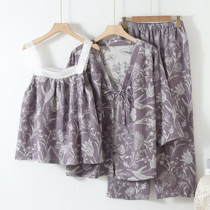 Ensemble pyjama 3 pièces en pur coton à motif floral - Violet - L - image 13