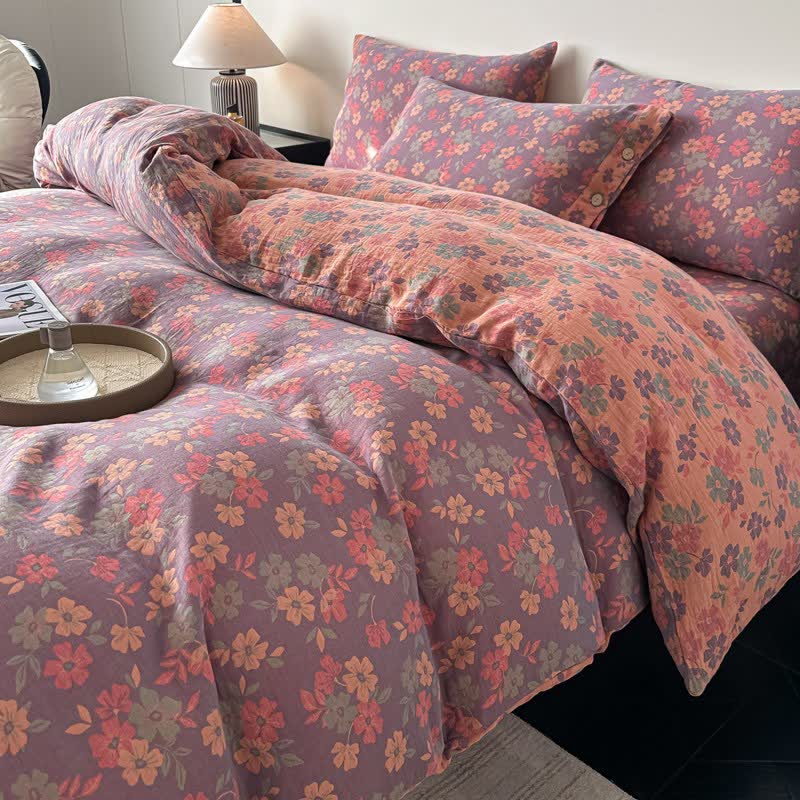 Linge de lit en gaze de pur coton à motif floral champêtre (ensemble 4 pièces) - image 5