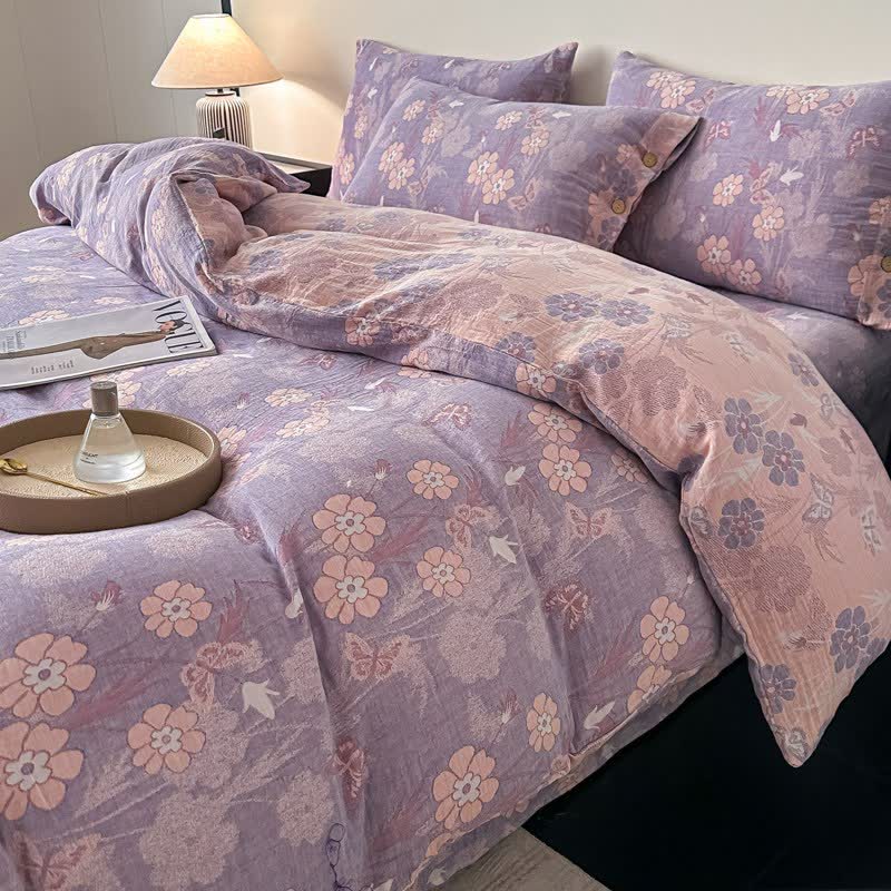 Linge de lit en gaze de pur coton à motifs floraux et papillons (ensemble 4 pièces) - image 3