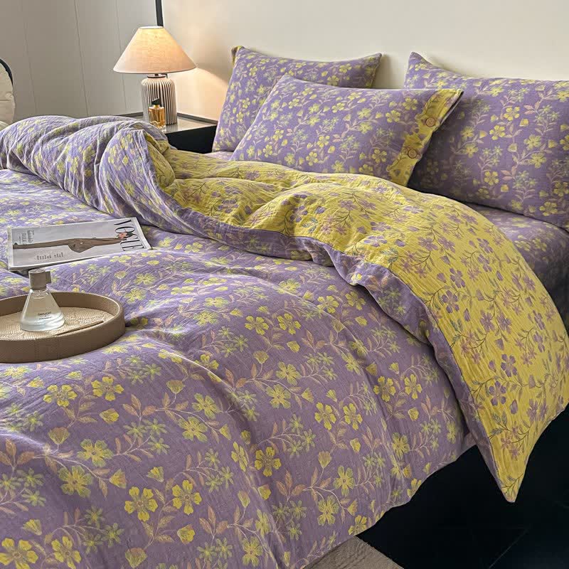 Linge de lit élégant en gaze de pur coton à motif floral (ensemble 4 pièces) - image 1