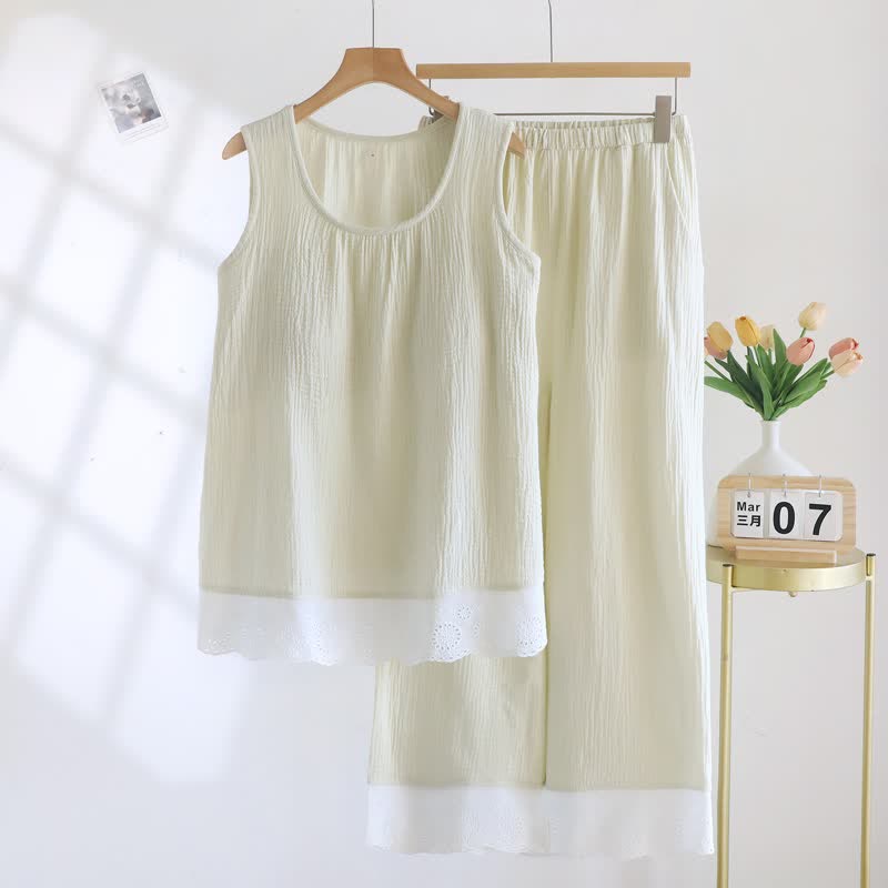 Ensemble de vêtements d'intérieur en gaze de coton unie et dentelle - Vert - XXL - image 14
