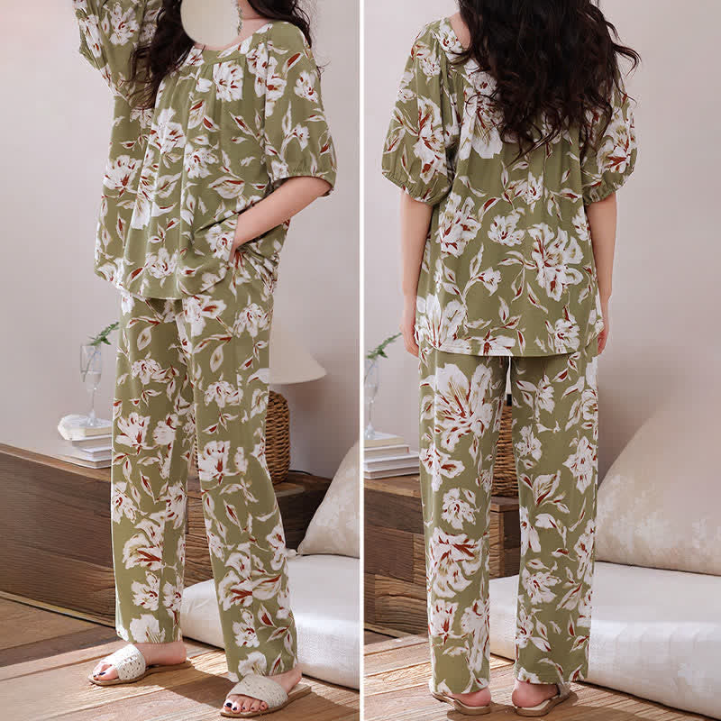 Ensemble de vêtements d'intérieur en coton à motif floral vert olive - image 3