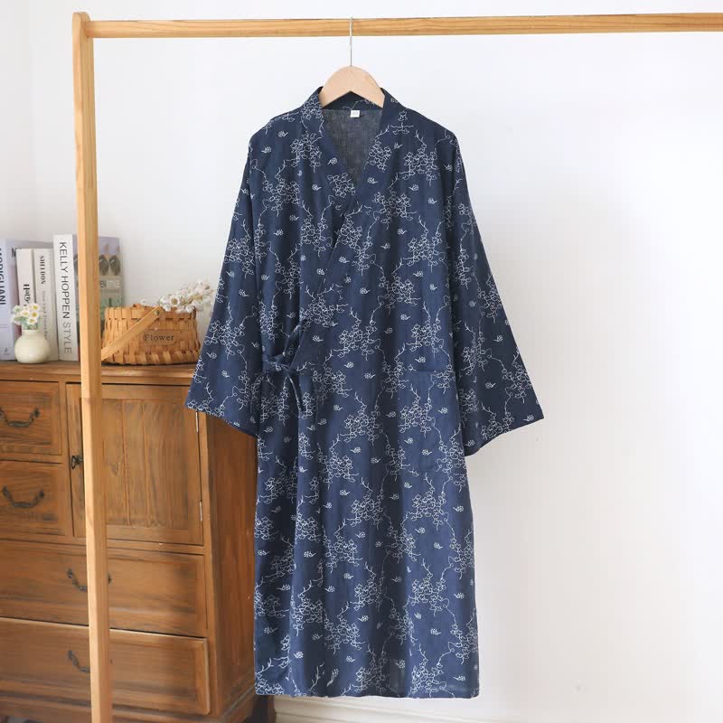 Peignoir kimono unisexe en coton à motif floral - marin - XL - image 13