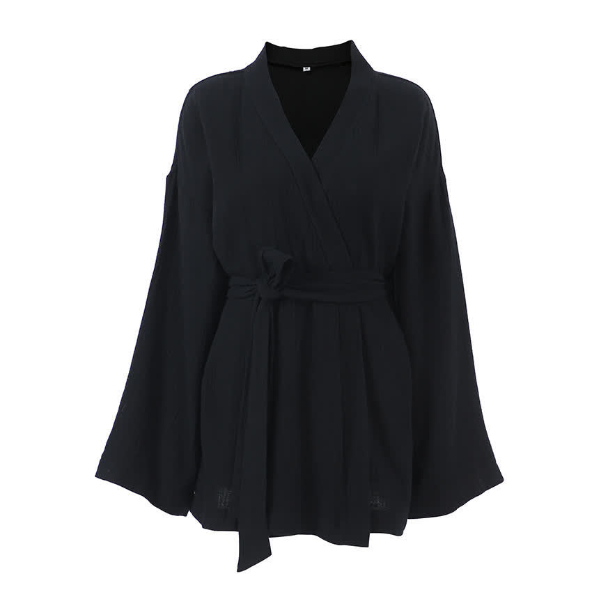 kimono en coton noir, robe de chambre courte - image 4