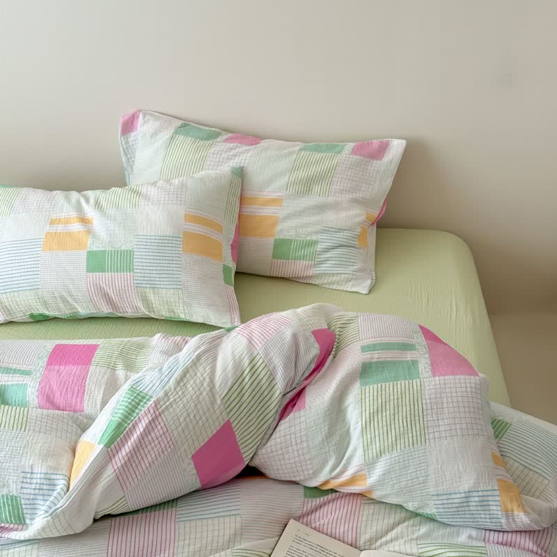 Ensemble de literie en coton patchwork multicolore pastel Ownkoti (4 pièces) - Vert - Drap-housse - Roi - image 8