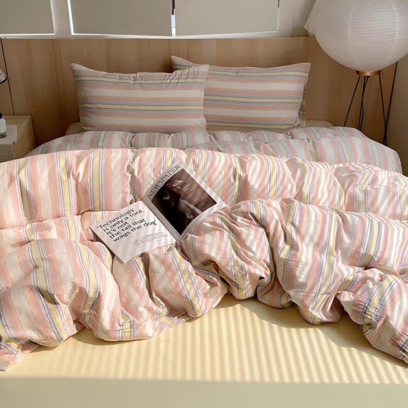 Ensemble de literie en coton à rayures multicolores pastel douces Ownkoti - image 7