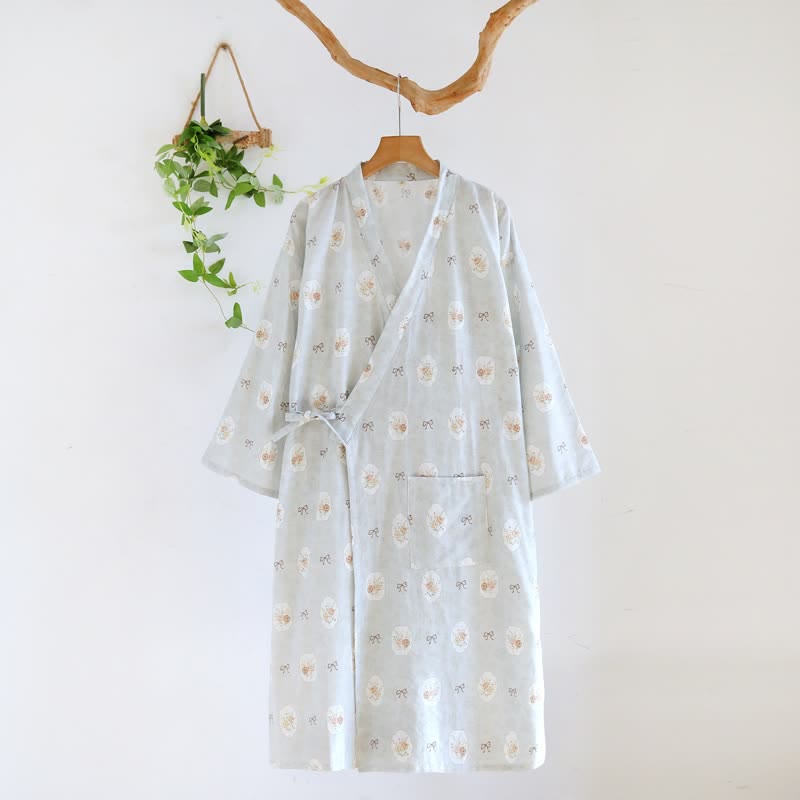 Peignoir kimono en coton Ownkoti à motif rose et nœud. - Bleu - L - image 12
