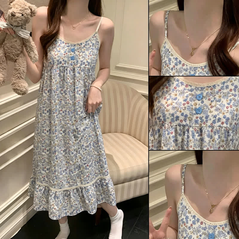 Chemise de nuit sans manches à volants et à motifs floraux bleus - image 8