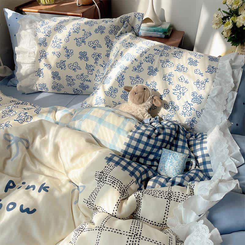 Parure de lit à volants en gaze de coton patchwork floral bleu brume Ownkoti - image 3