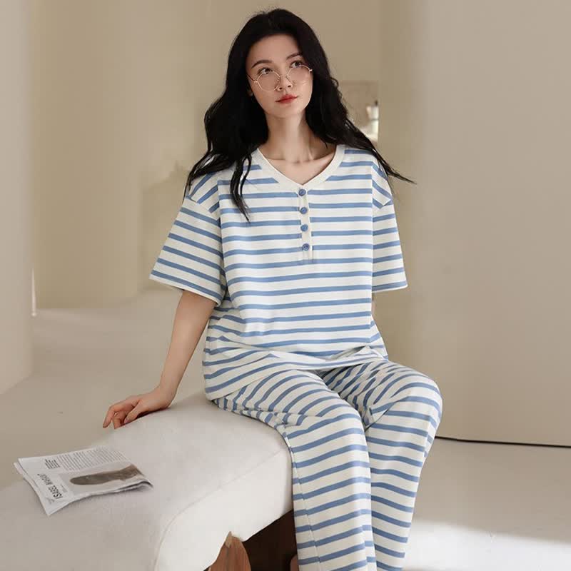 Ensemble de vêtements d'intérieur 3 pièces en coton à rayures bleues Ownkoti - image 6