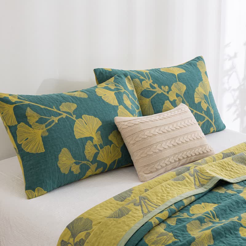 Couette réversible en coton à motif feuille de ginkgo nordique Ownkoti - Vert - 2 taies d'oreiller - 20 po x 36 po - image 5