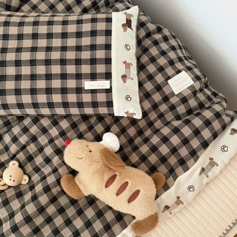 Couette confortable en vichy kaki avec broderie de chiot - Brun - 2 taies d'oreiller - 19" × 29" - image 5
