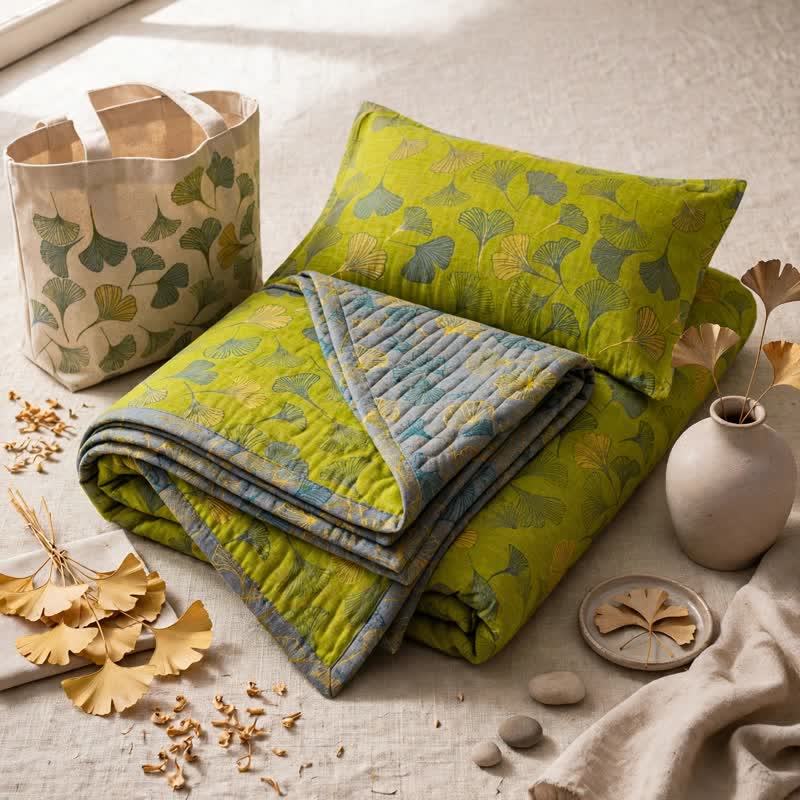 Ensemble de couvre-lit en coton vert vintage à motif de ginkgo Ownkoti - Vert - 2 taies d'oreiller - 40'' x 20'' - image 6