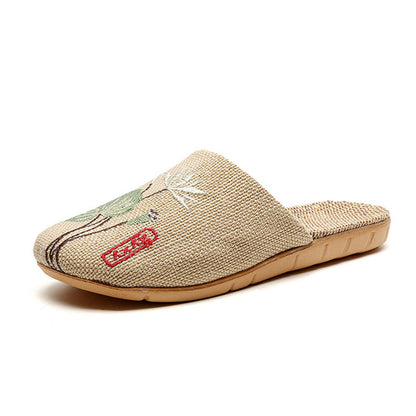 Chaussons rétro en lin brodés de lotus