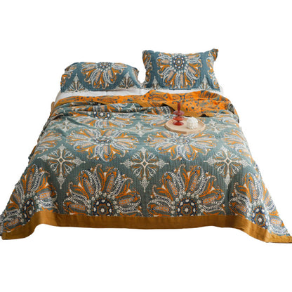 Ownkoti – Couette double face en coton à motif floral cyan foncé