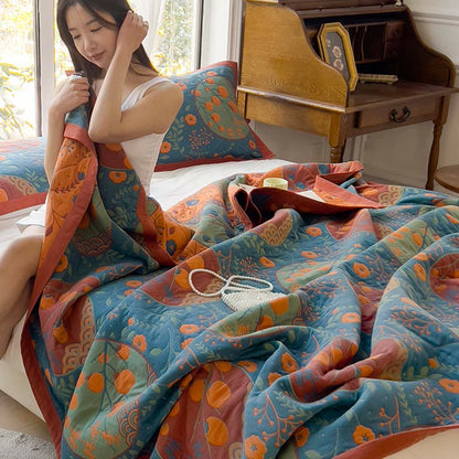 Couette double face en coton avec motif de fleurs de kaki