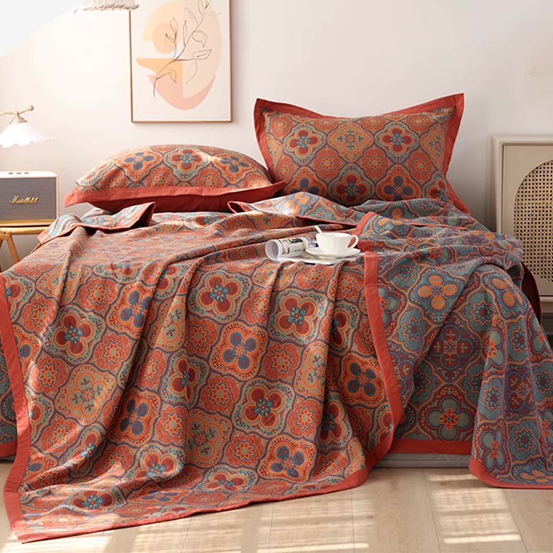 Couette réversible en coton à motif pétales - Couette avec 2 taies d'oreiller - Orange - 230 cm x 250 cm - image 0