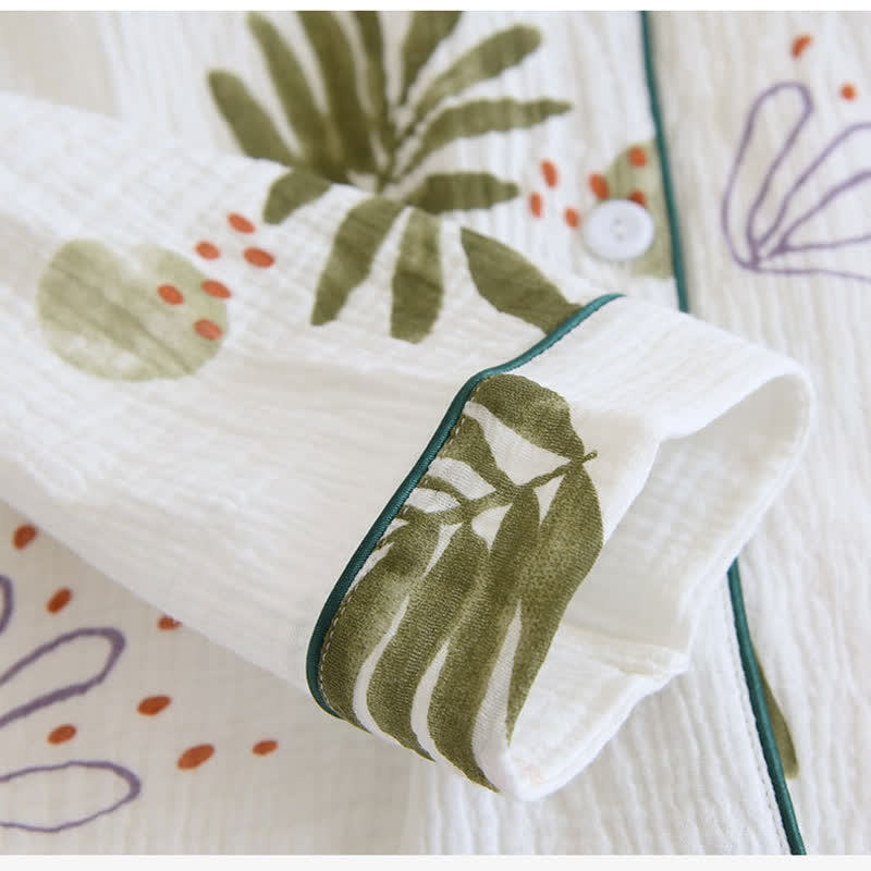 Ensemble pyjama en pur coton à motif feuilles et manches longues