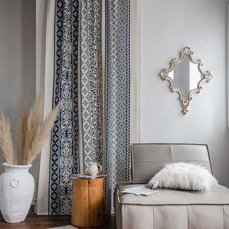 Rideau en coton et lin à motifs bleus
