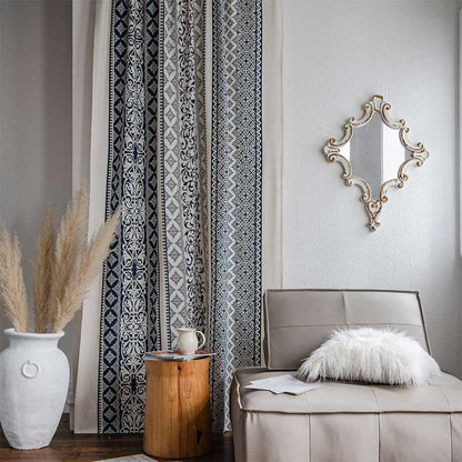 Rideau en coton et lin à motifs bleus