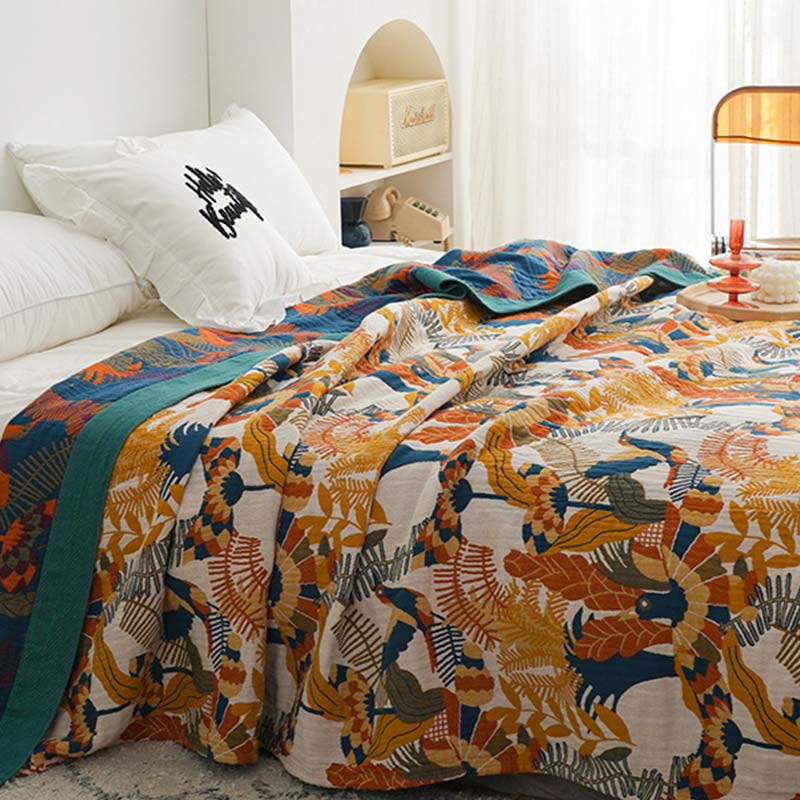 Ownkoti Couverture douce en coton réversible avec oiseaux et fleurs