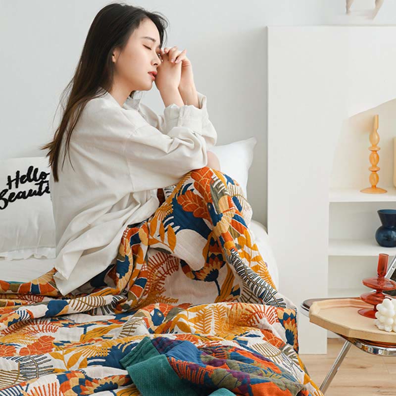Ownkoti Couverture douce en coton réversible avec oiseaux et fleurs