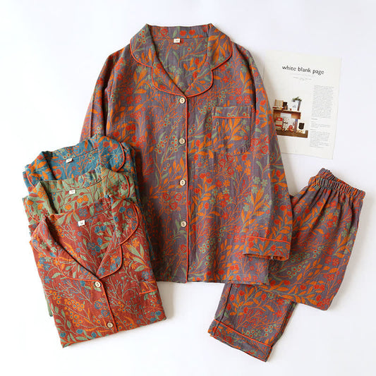 Ensemble de vêtements d'intérieur en coton à imprimé feuilles vintage avec revers - image 0