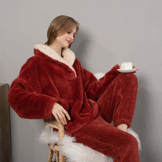 Ownkoti Ensemble de vêtements d'intérieur simple et chaud à col en V pour l'hiver