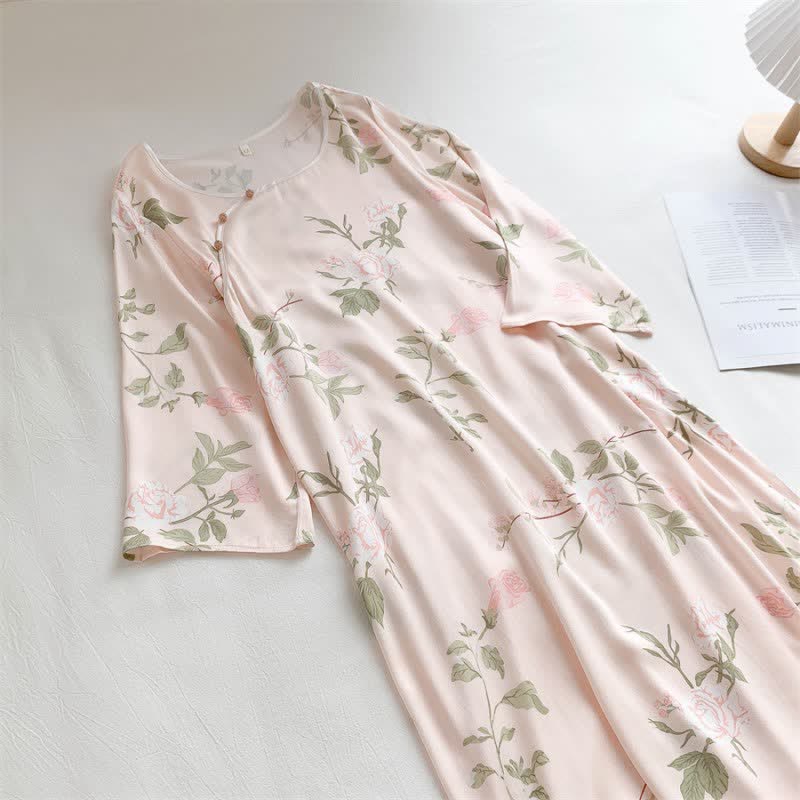 Chemise de nuit douce et respirante à motif floral rose