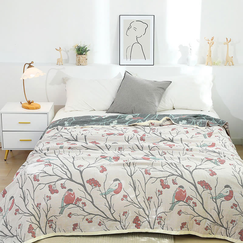 Couette réversible en coton avec motif d'aubépine et d'oiseau