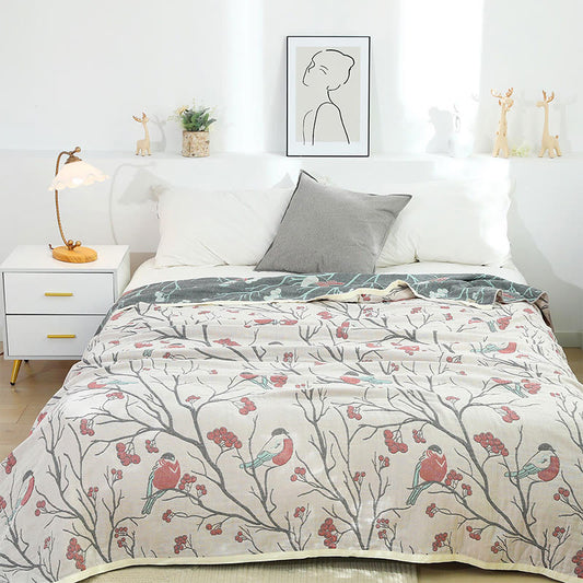 Couette réversible en coton avec motif d'aubépine et d'oiseau