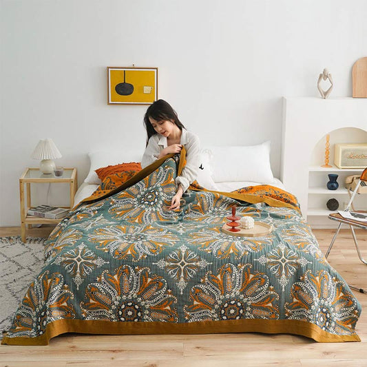 Ownkoti – Couette double face en coton à motif floral cyan foncé
