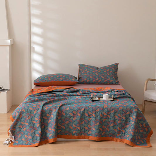 Couette réversible en coton avec motif pastoral de feuilles de ginkgo