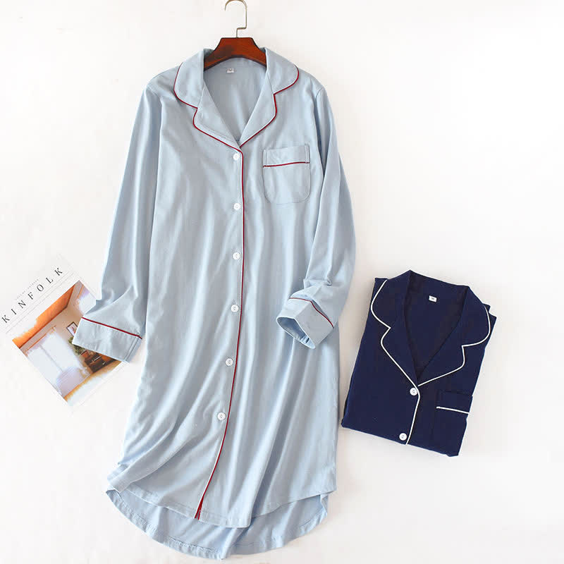 Chemise de nuit en coton uni avec patte de boutonnage