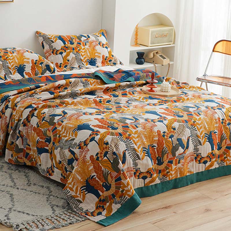 Ownkoti Couverture douce en coton réversible avec oiseaux et fleurs