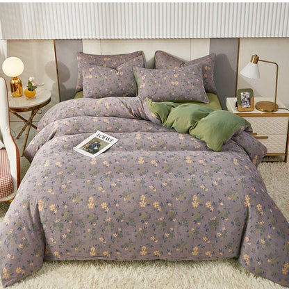 Linge de lit réversible en coton avec fleurs et feuilles pastorales