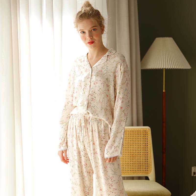 Ownkoti – Vêtements d'intérieur en satin à manches longues et col en V à fleurs