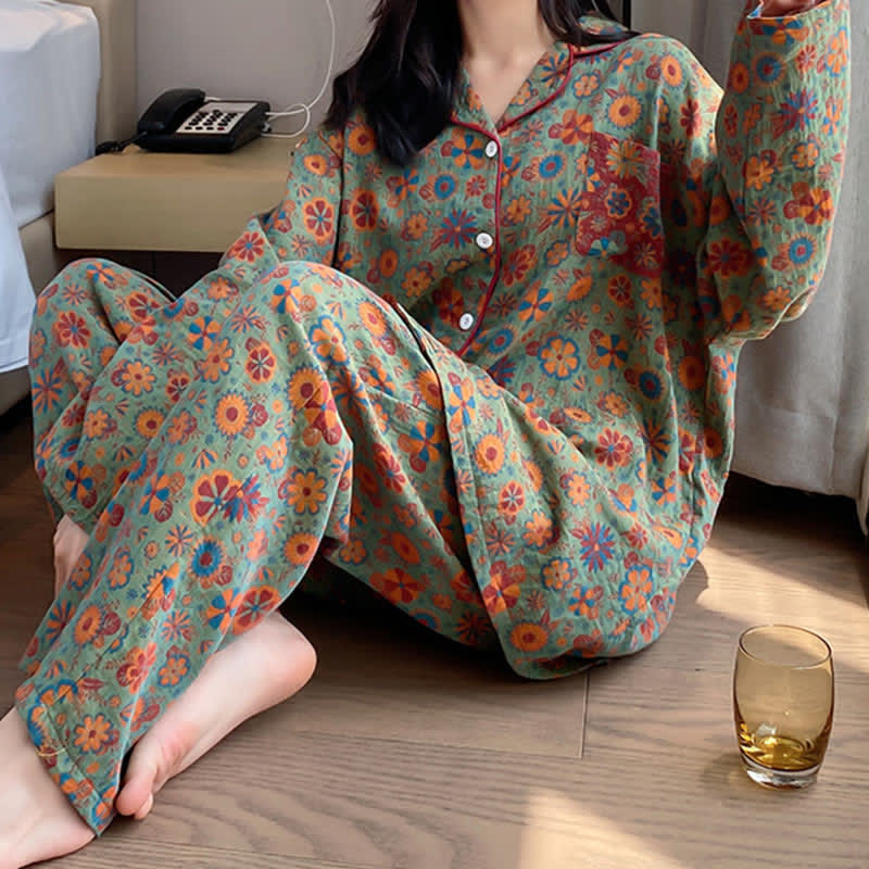 Ensemble de vêtements de détente en coton fleuri grande taille