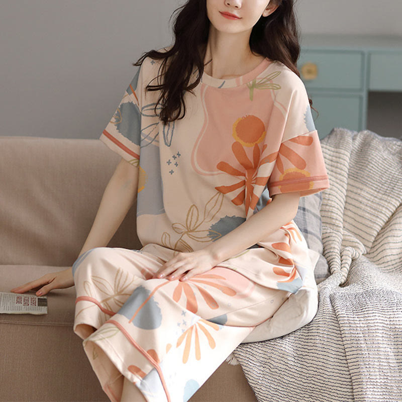 Ensemble de vêtements d'intérieur en coton à imprimé floral et feuilles