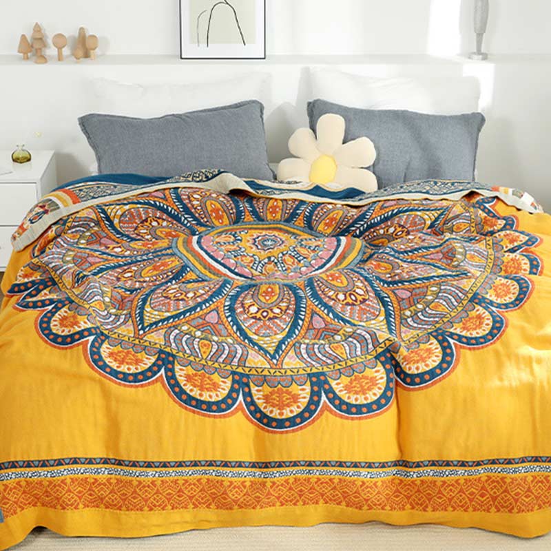 Couette d'été réversible bohème Ownkoti à fleurs jaunes