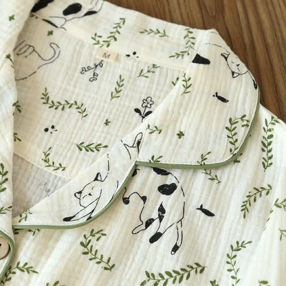 Ensemble pyjama en coton mignon avec chat et feuille