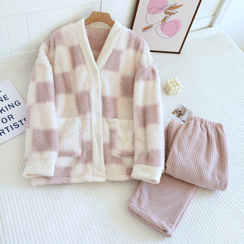 Ensemble pyjama à col en V en damier doux et moelleux