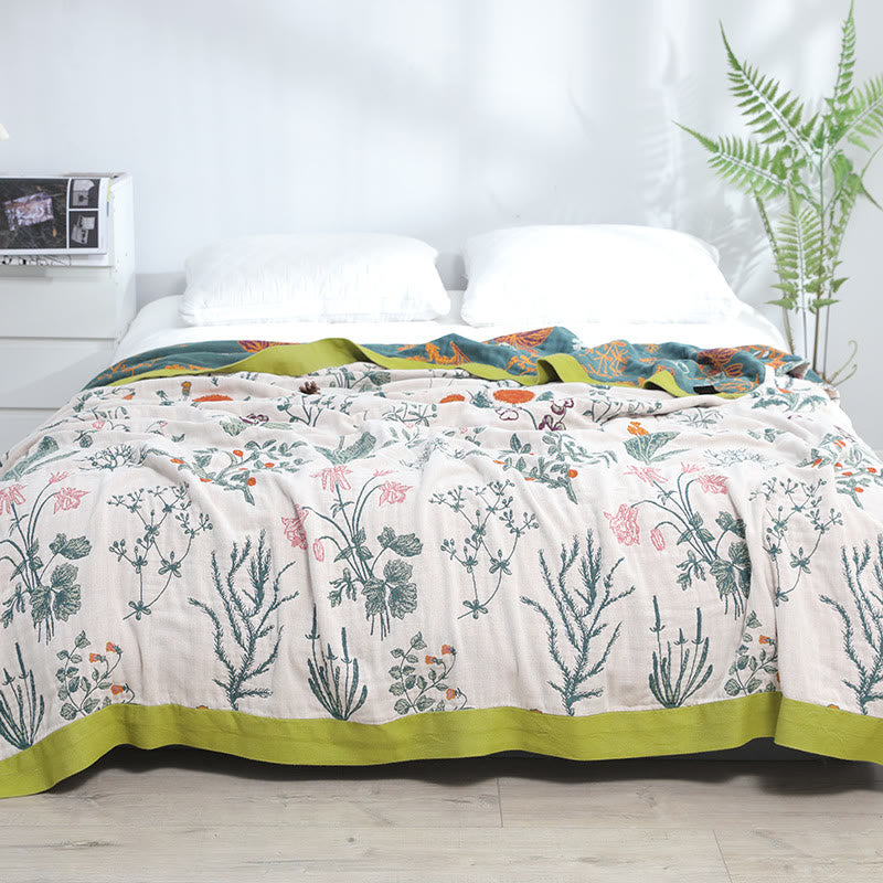 Couette réversible en coton doux avec fleurs et plantes