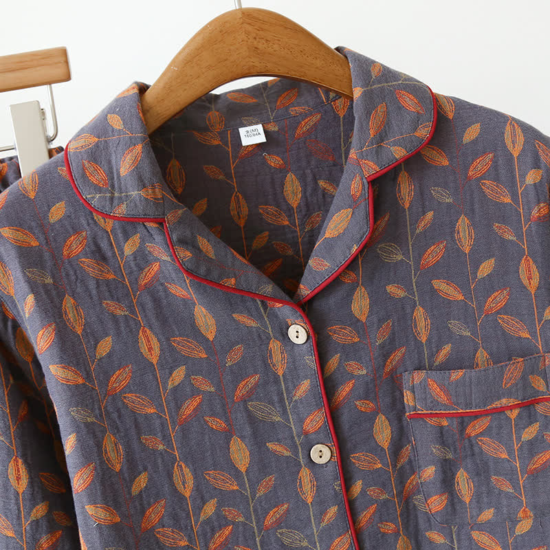 Ensemble pyjama en coton à manches longues au style rétro à feuilles