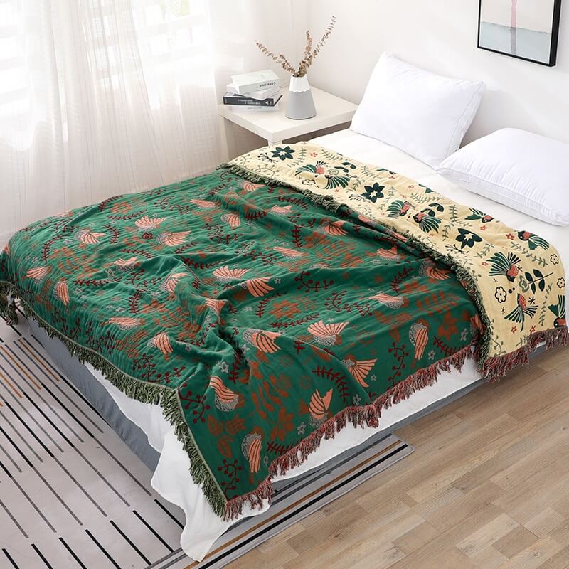 Couverture réversible respirante Ownkoti Boho avec fleurs et oiseaux