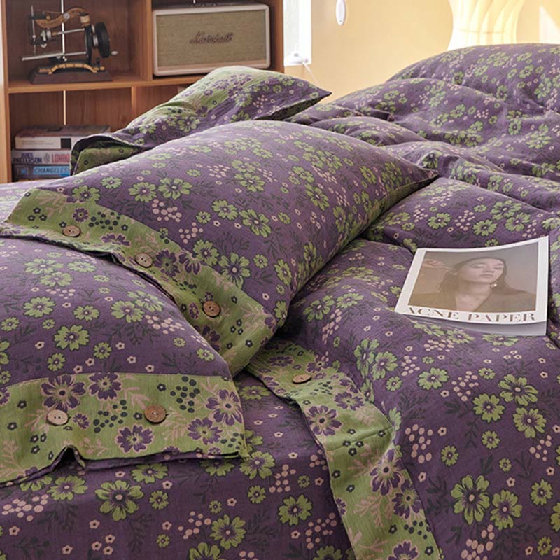Parure de lit en gaze de coton à motif floral (4 pièces)