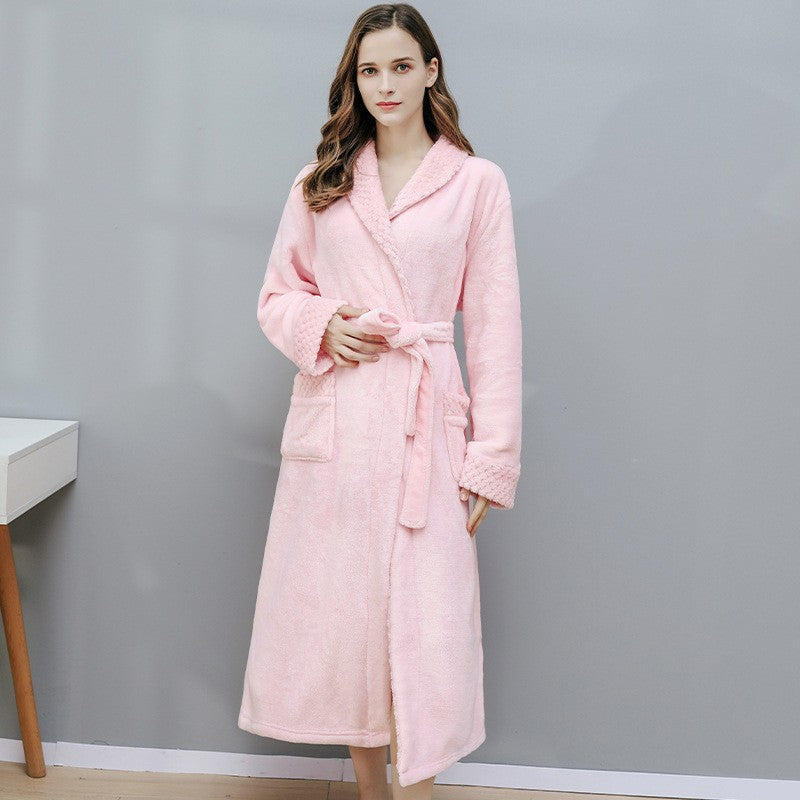 Peignoir long en flanelle, chaud et de couleur unie