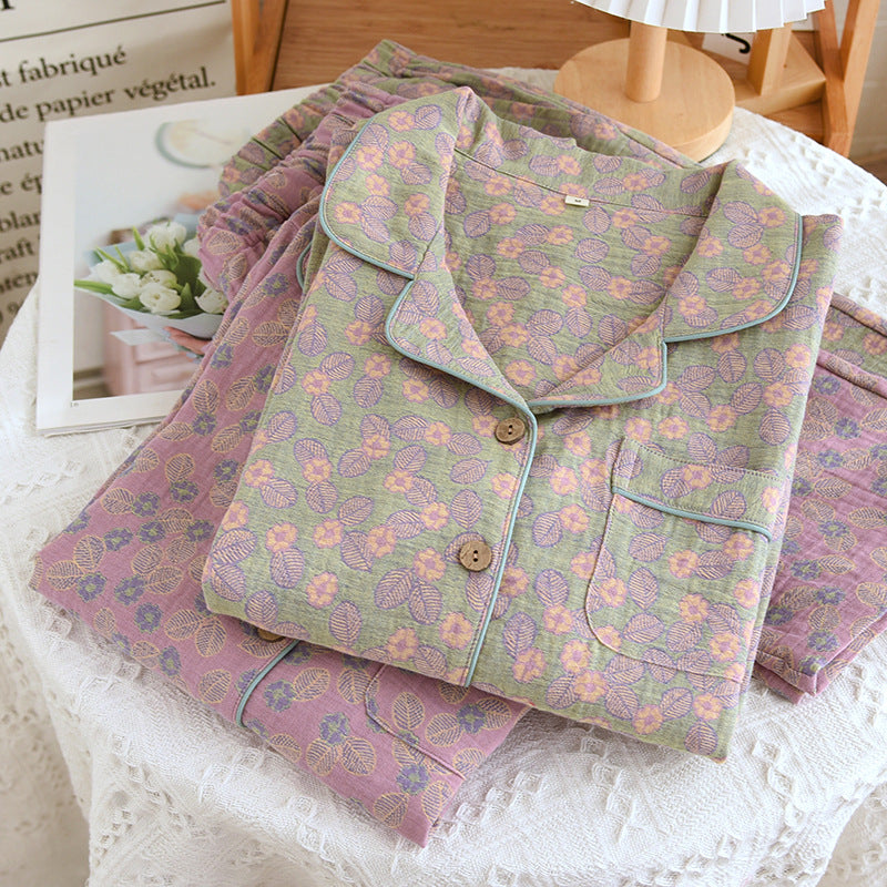 Ensemble pyjama en pur coton avec motif jacquard et feuilles