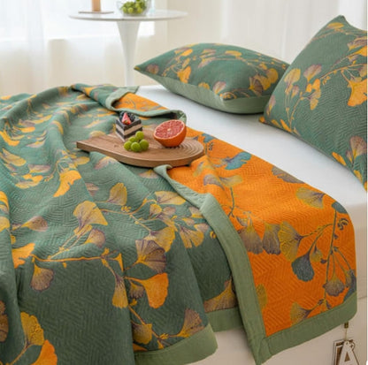 Couette réversible en coton jacquard avec feuilles de ginkgo
